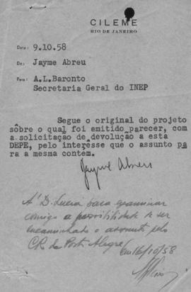CBPE_m205p01 - Parecer sobre Projeto de Lei &quot;Sistema Municipal de Educaçao de Base&quot;, 1958