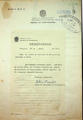 SOE_m002p01 - Solicitação de exame de admissão feita ao Sr. Ministro Clemente Mariane, 1946 - 1947