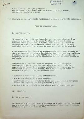 Implementação do Programa de Alfabetização Funcional via Rádio (PAF/VR),